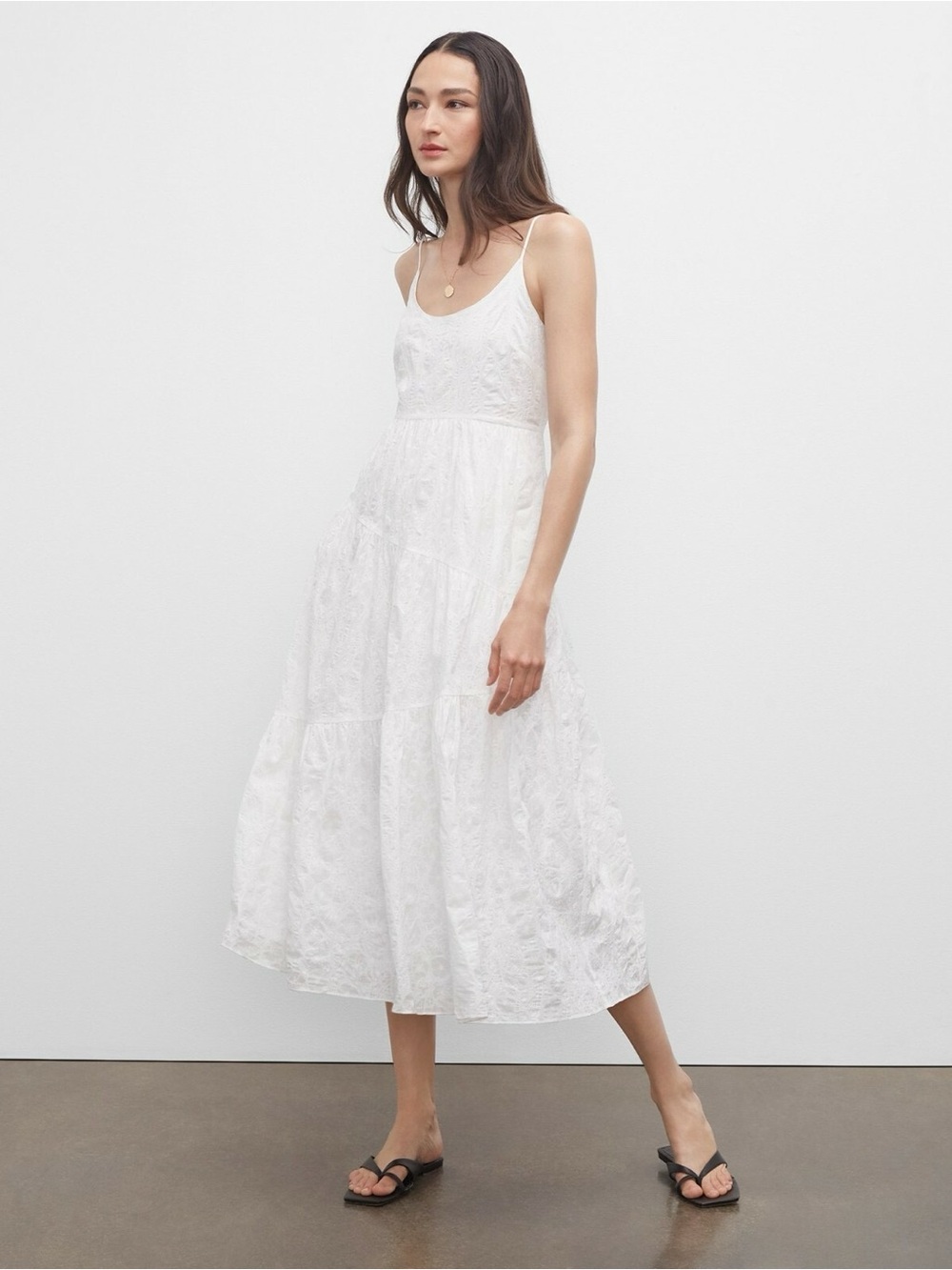 Club Monaco White Eyelet Tiered Midi Dress
